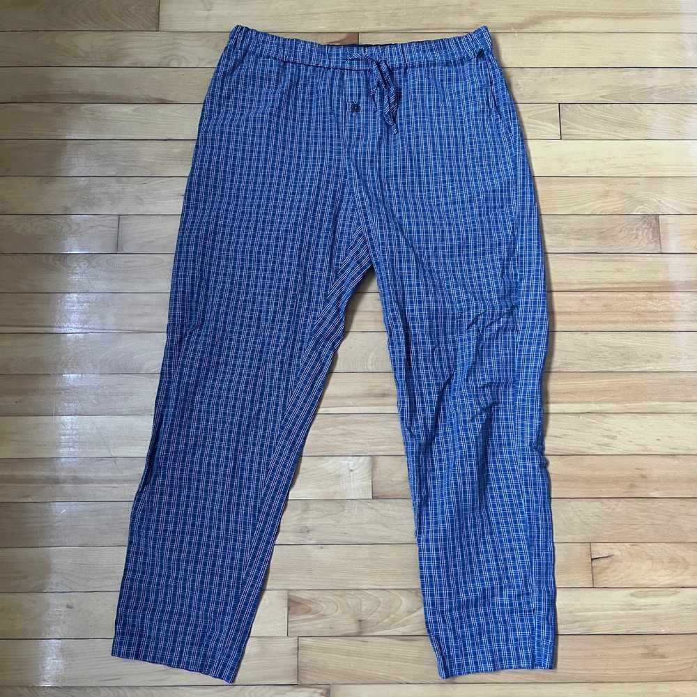 Hanro Night & Day Mens Blue Plaid Cotton Lounge Pajama Pants Size L 6436